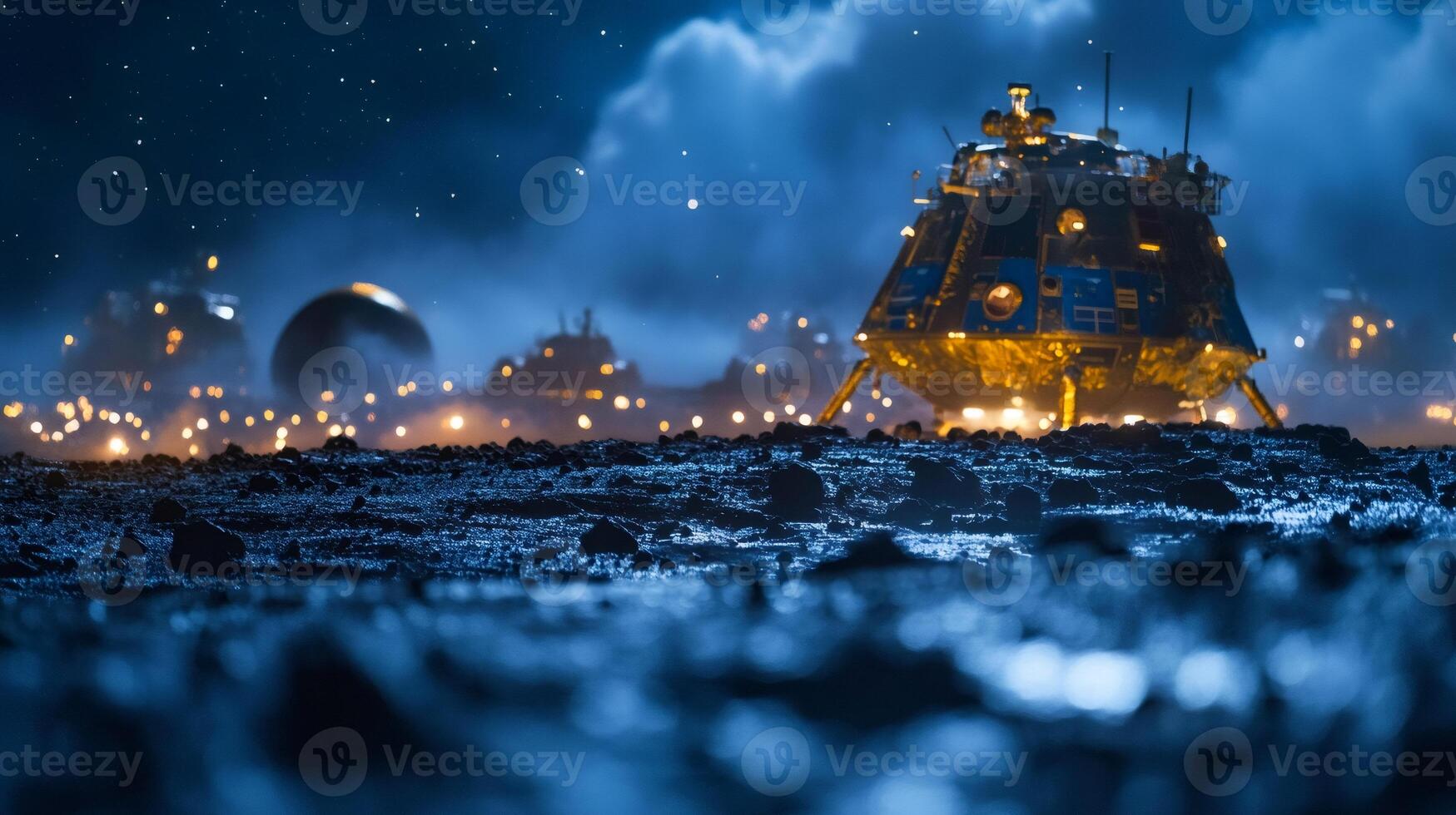 Spaceship landing on alien planet at night with city lights in background photo