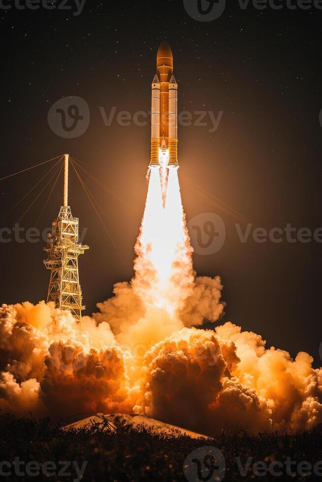 Space shuttle launching into space at night with smoke and fire photo