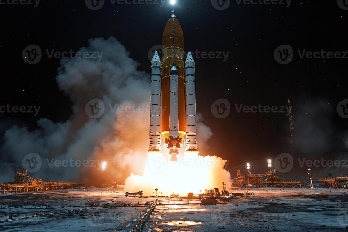 Space shuttle launching into space at night photo