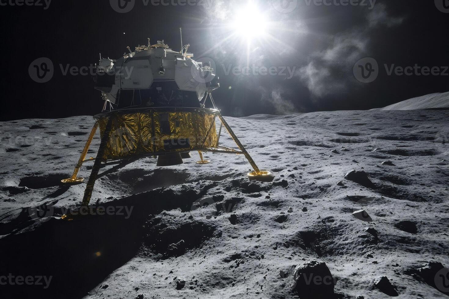Lunar module landing on the moon surface with bright sunlight photo