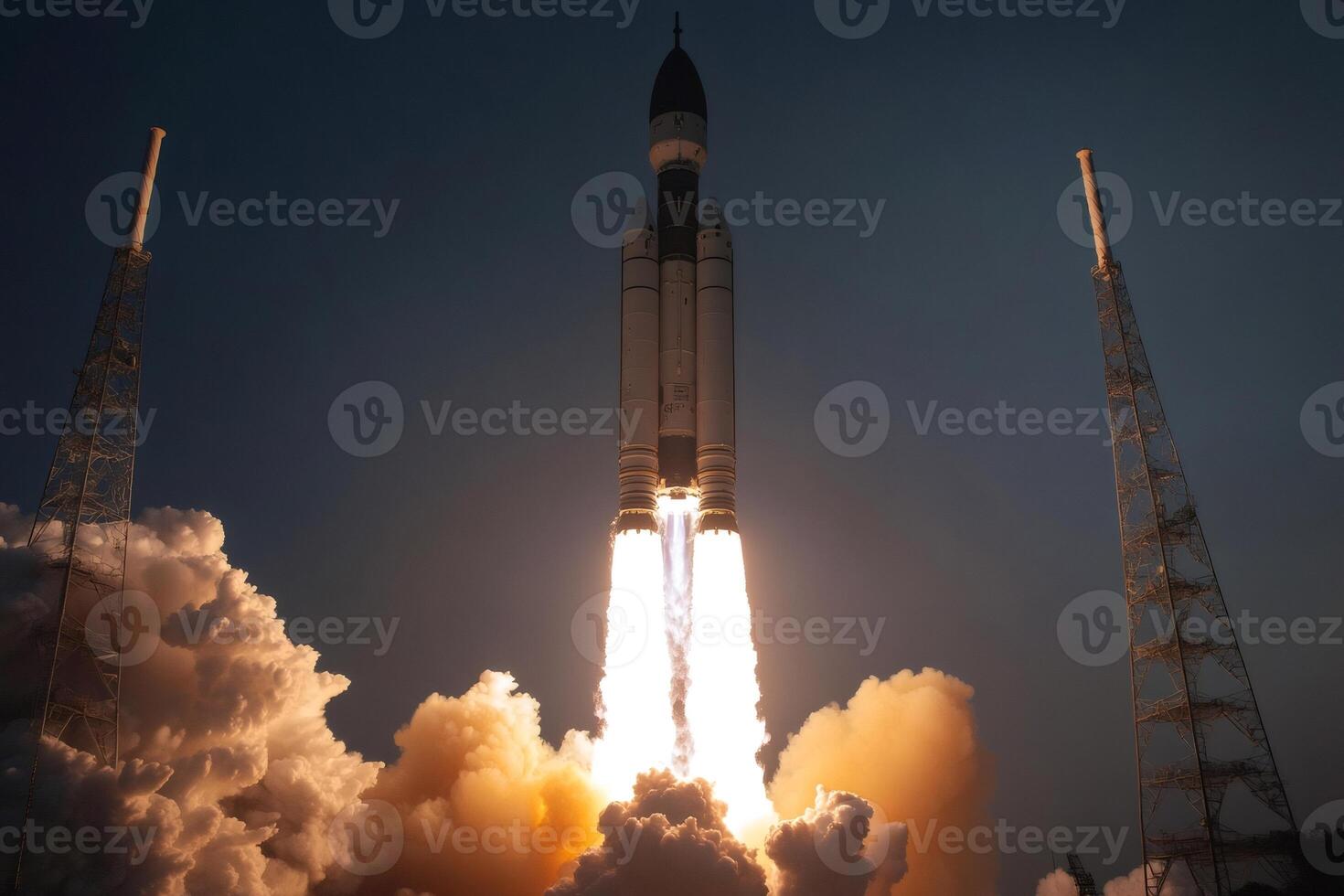 Space launch system rocket lifting off at twilight with smoke and fire photo