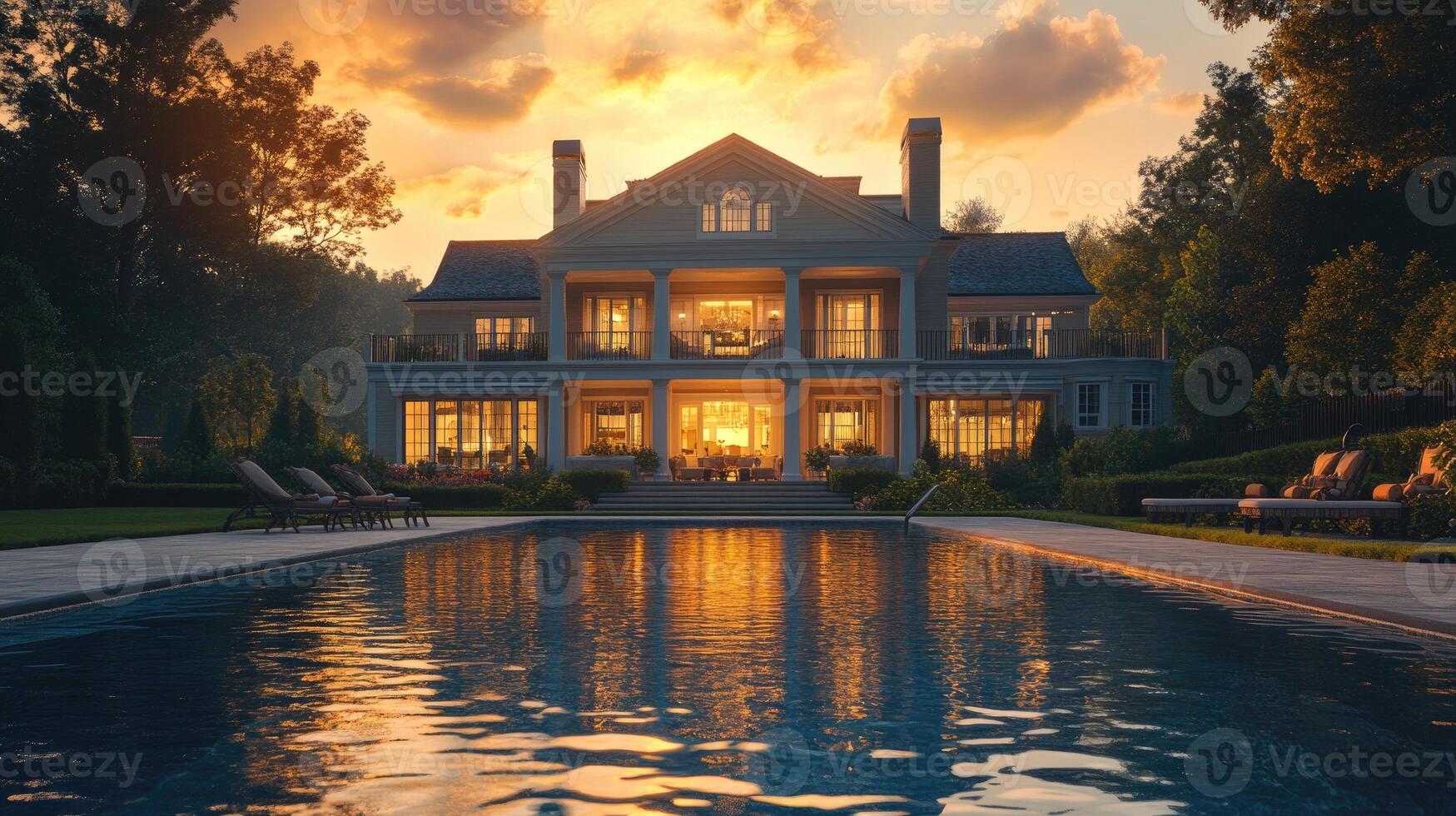 Luxurious mansion with illuminated swimming pool at sunset reflecting golden sky photo