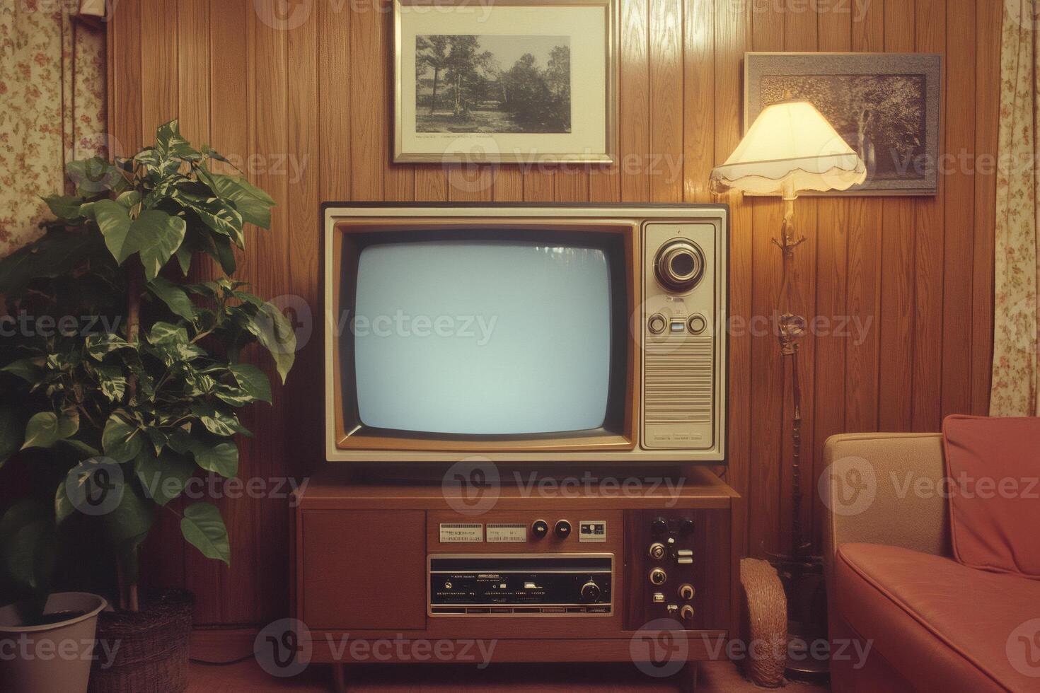 Old television set in retro living room with houseplant and floor lamp photo