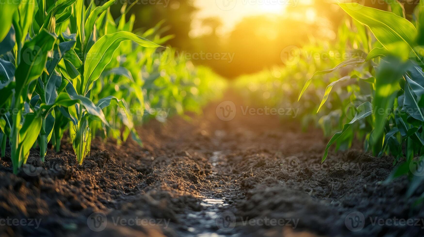 Furrow irrigating young corn seedlings at sunset in cultivated field photo