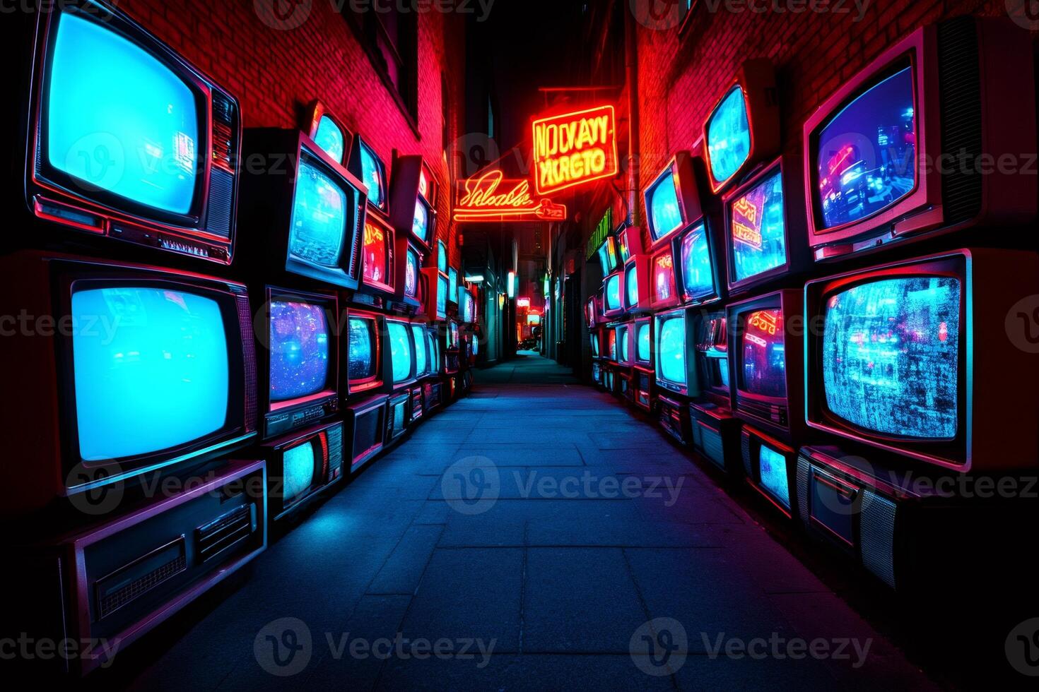Alley at night illuminated by retro televisions showing abstract content photo