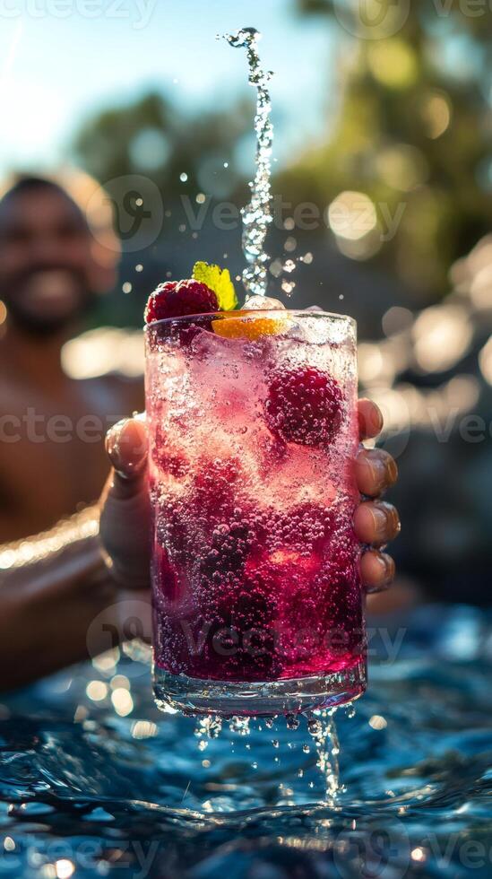 Hand holding refreshing raspberry cocktail with splashing water by the pool photo
