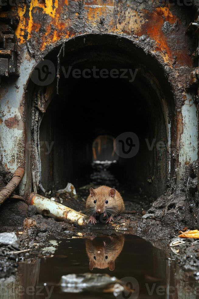 Brown rat exploring a dirty industrial tunnel reflected in a puddle photo