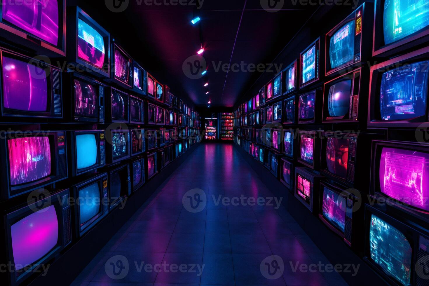 Retro tvs showing colorful static noise in dark hallway with pink and blue lights photo