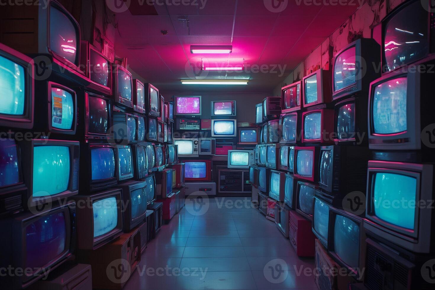 Retro tvs showing static noise in dark neon room photo