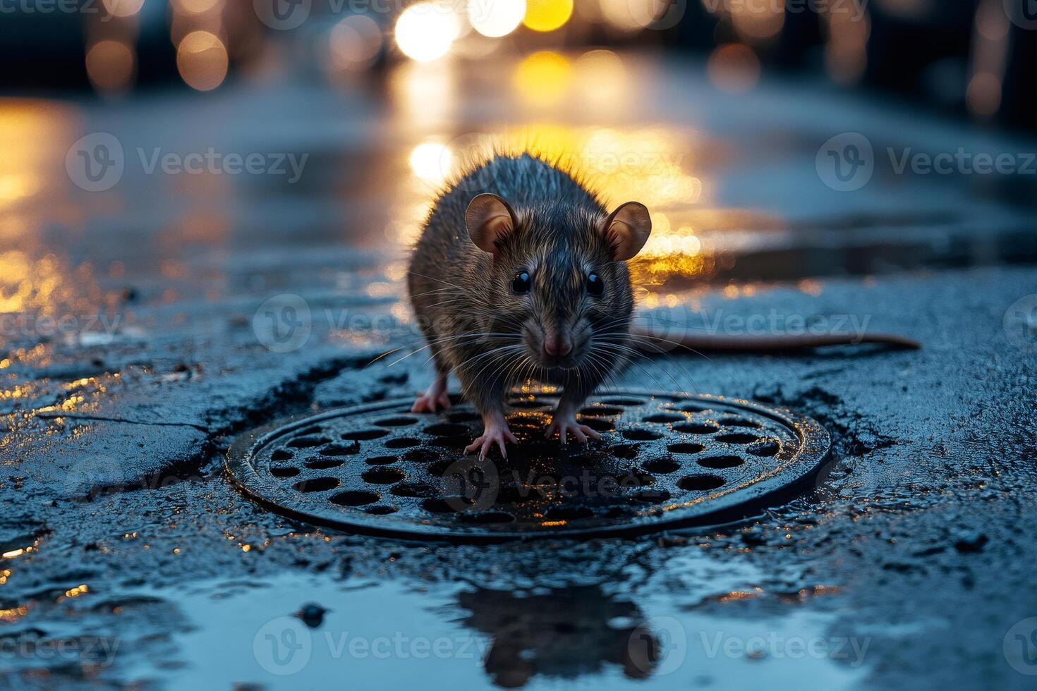 Wet brown rat emerging from a sewer drain at night in the city photo