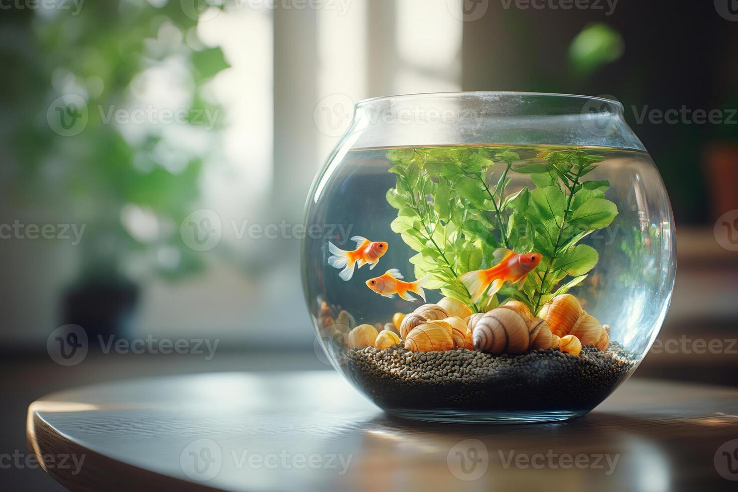 Two goldfish swimming in a round fishbowl on a wooden table photo