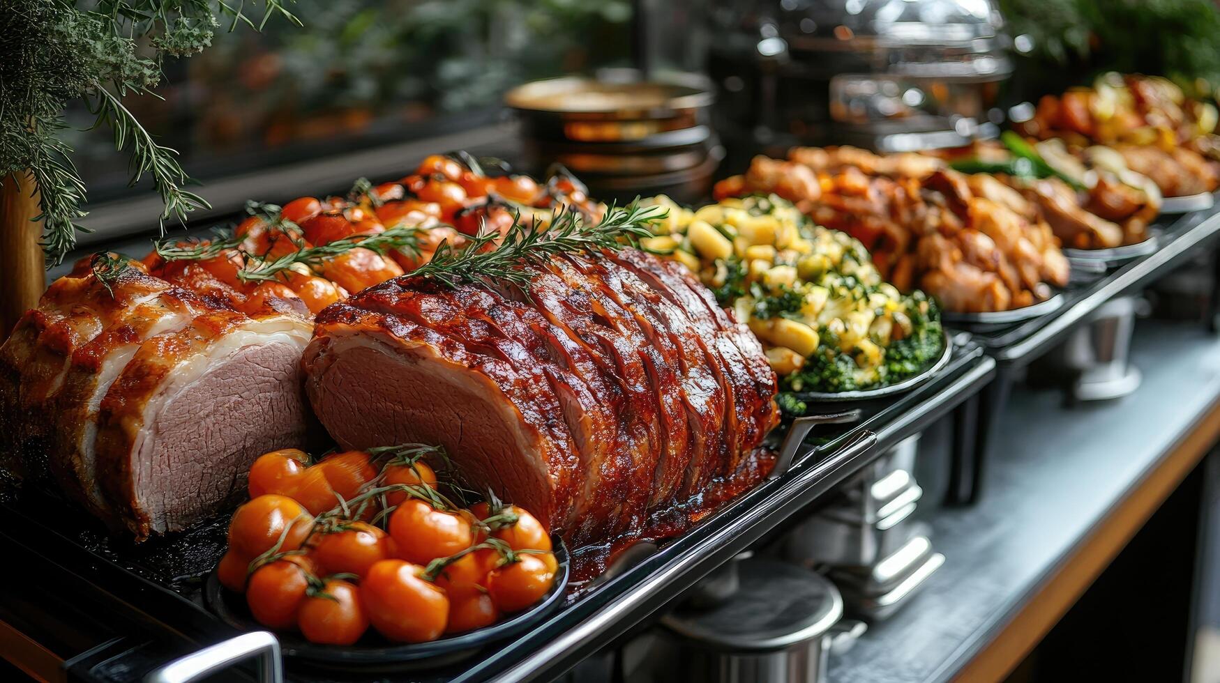 Sizzling pork loin roast garnished with roasted tomatoes and rosemary on a festive table.. photo