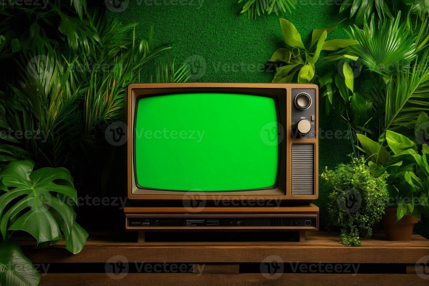 Old television showing green screen surrounded by lush tropical plants photo