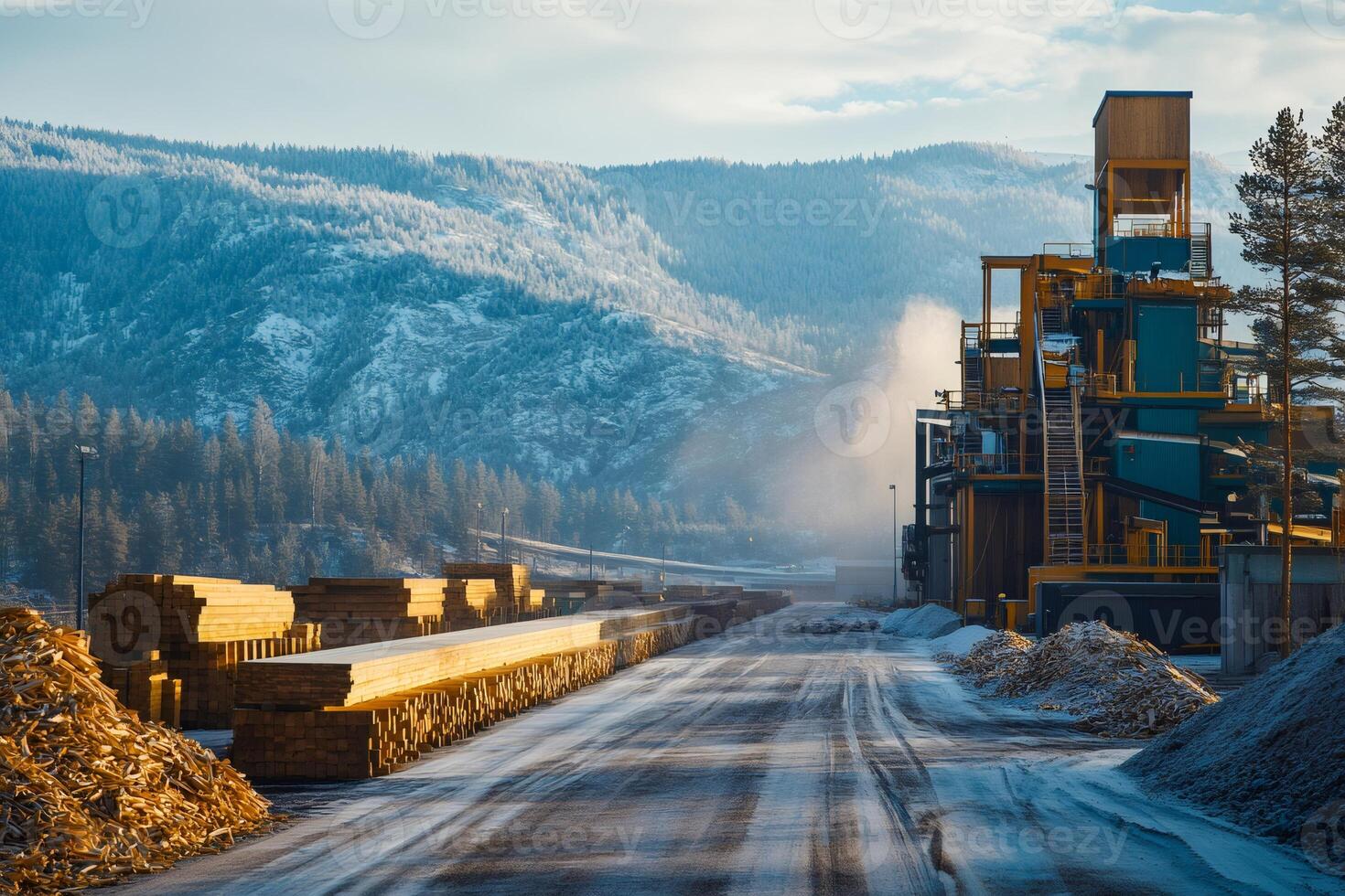 Lumber mill processing timber in winter landscape with snowy mountains photo