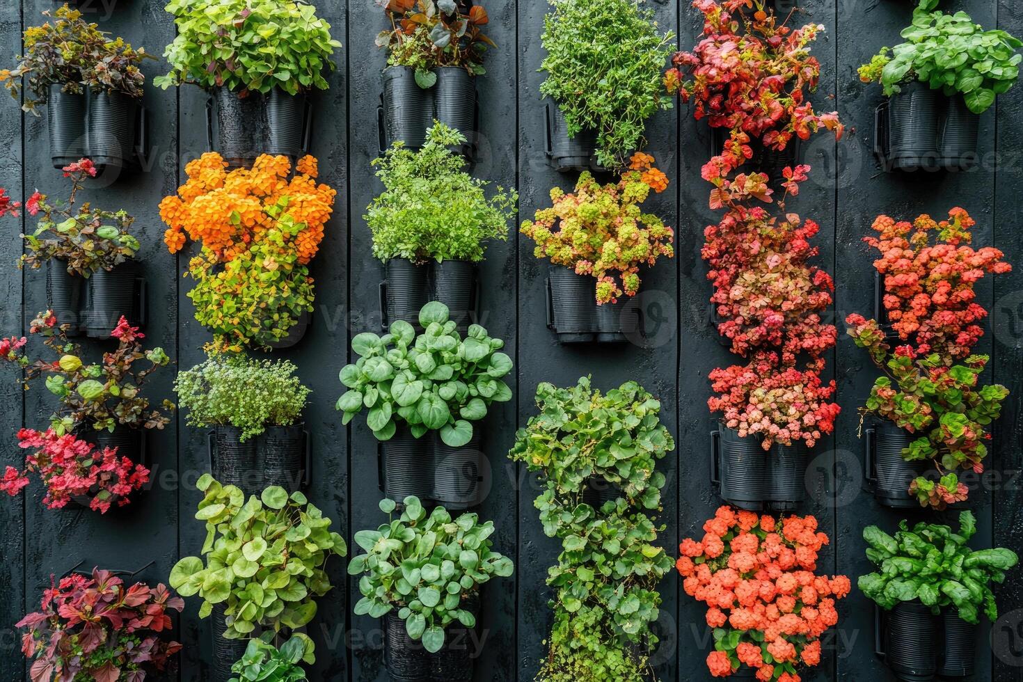 Colorful plants growing in vertical garden on black wall photo