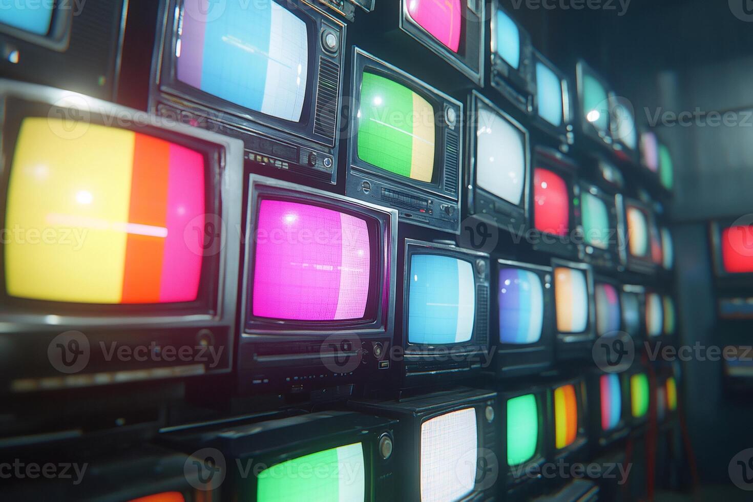 Wall of vintage televisions displaying colorful test patterns photo