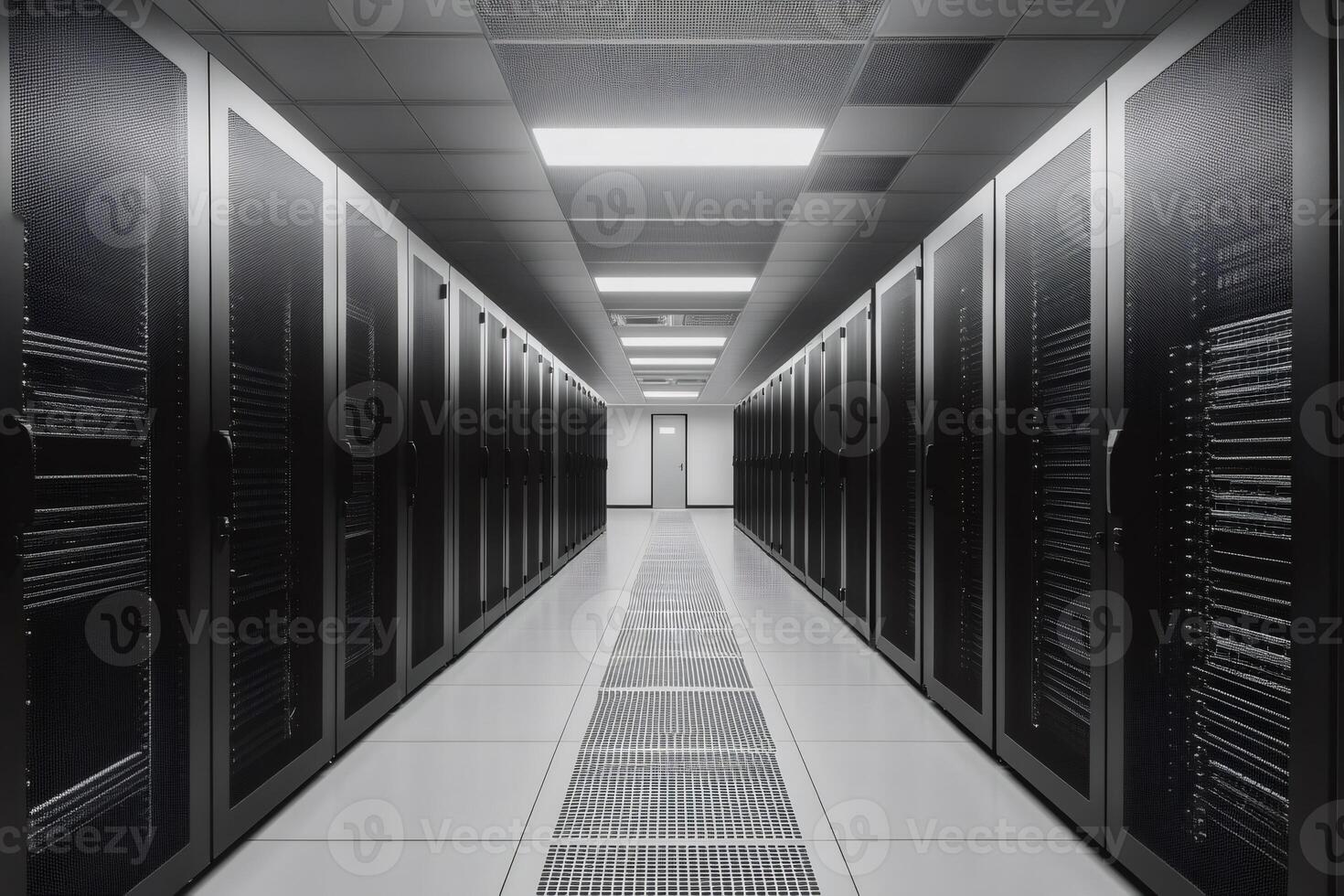 Server room corridor with data cabinets hosting cloud computing services photo