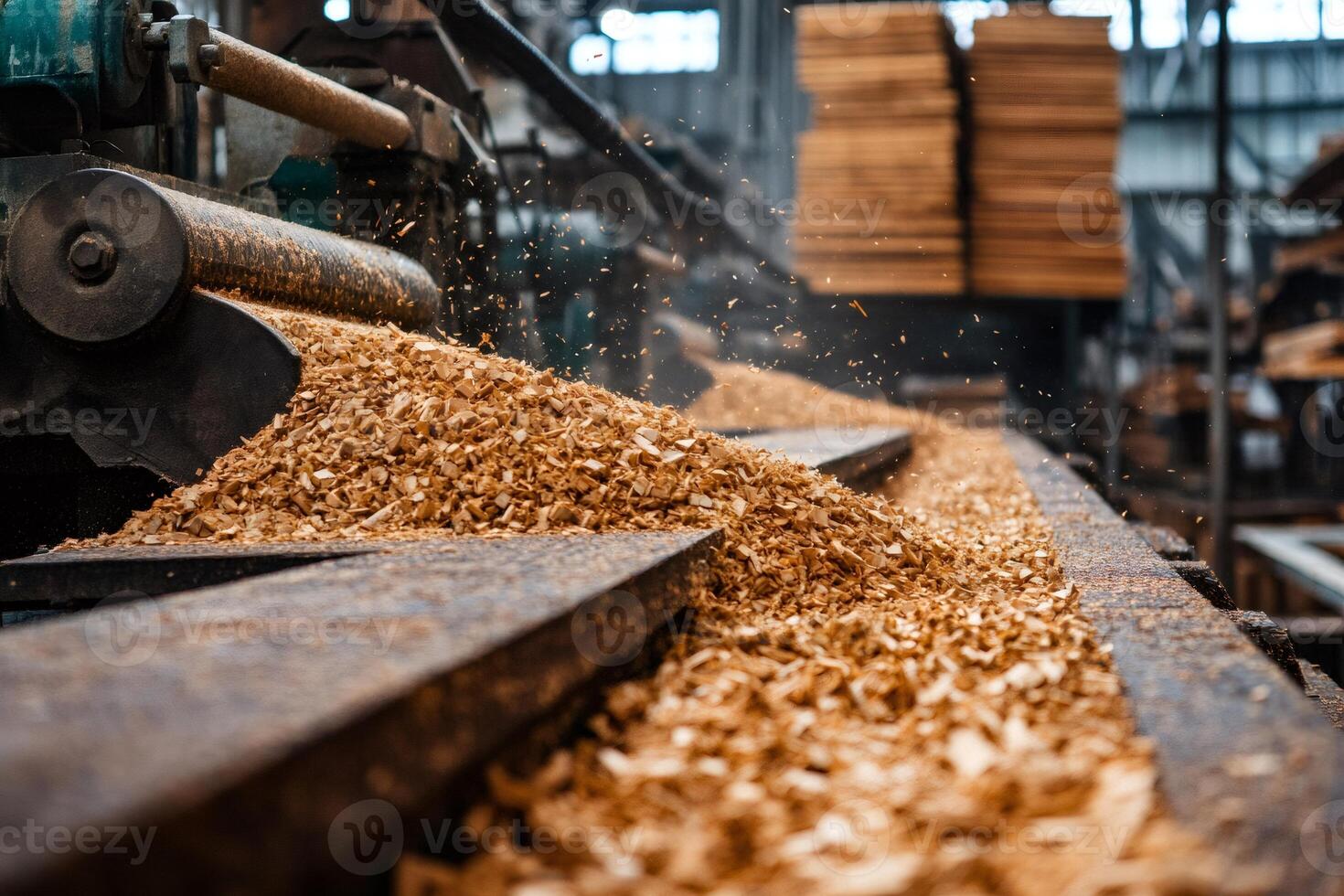 Woodworking machine processing planks, creating sawdust in carpentry workshop photo
