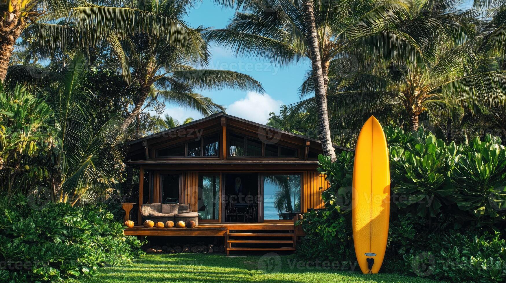 Wooden tropical bungalow with surfboard evoking relaxing vacation photo