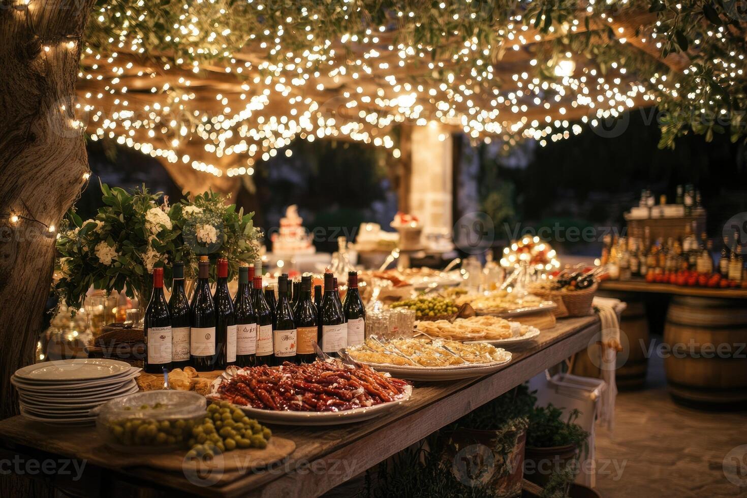Buffet table decorated with string lights at an outdoor wedding reception photo