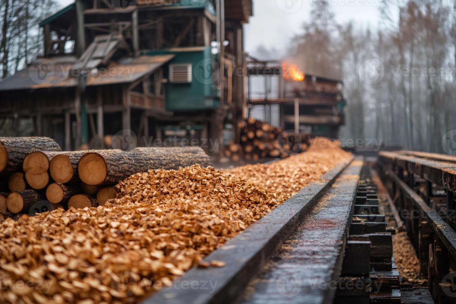 Wood chips transported on conveyor belt in sawmill factory photo