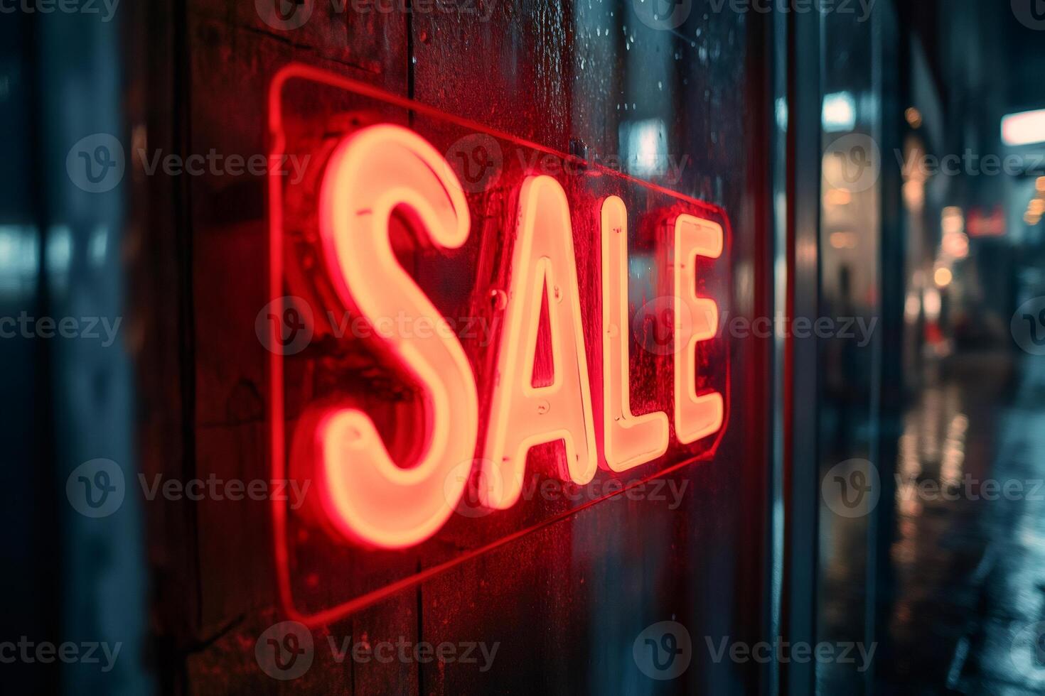 Red neon sign announcing sales during rainy night in the city photo