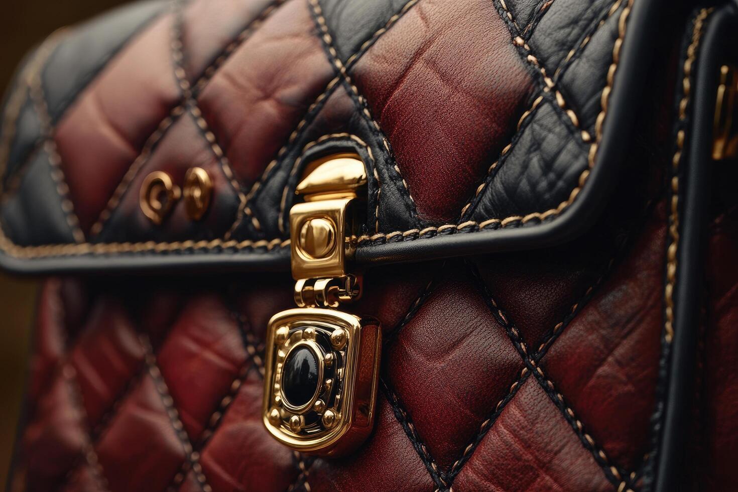 Quilted leather bag showing golden clasp and stitching detail.. photo