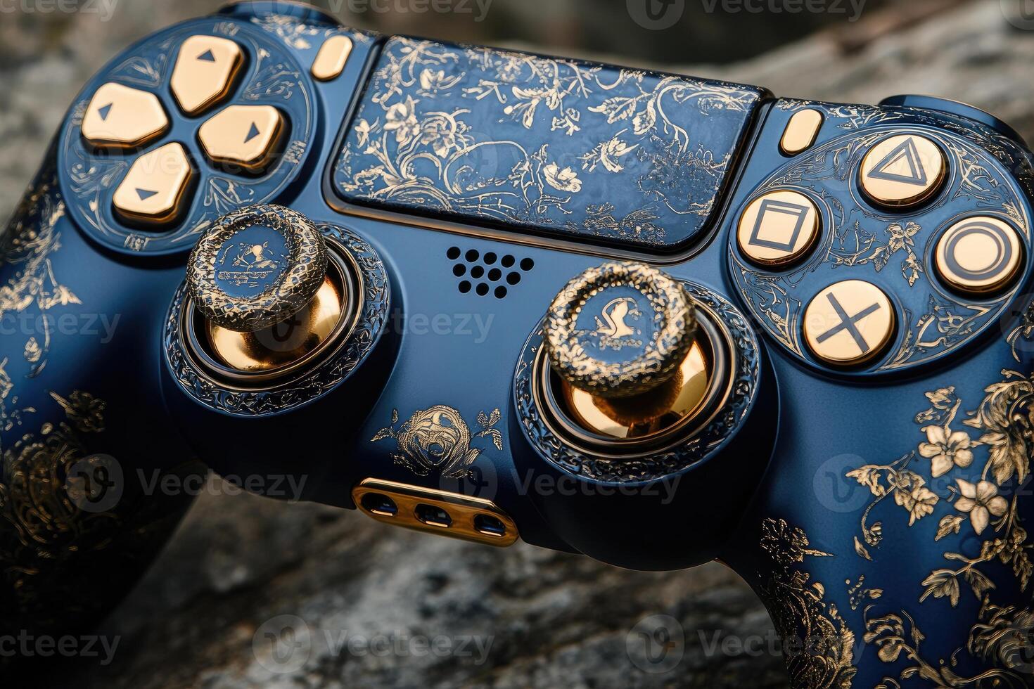 Customized gamepad controller resting on wooden table, exhibiting intricate golden design photo