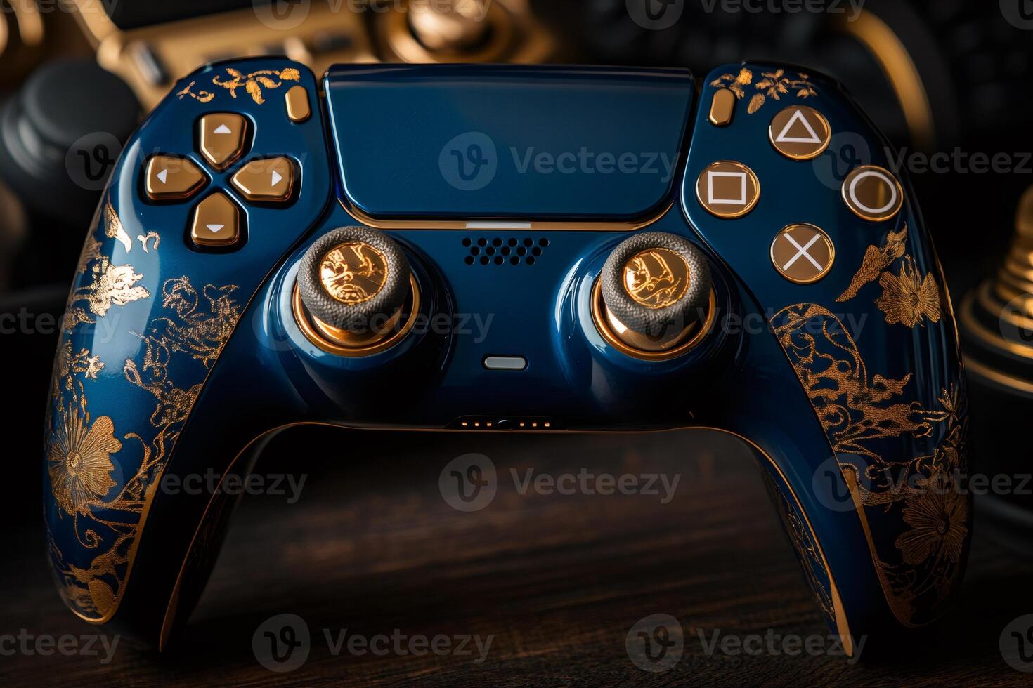 Customized gamepad controller resting on wooden table photo