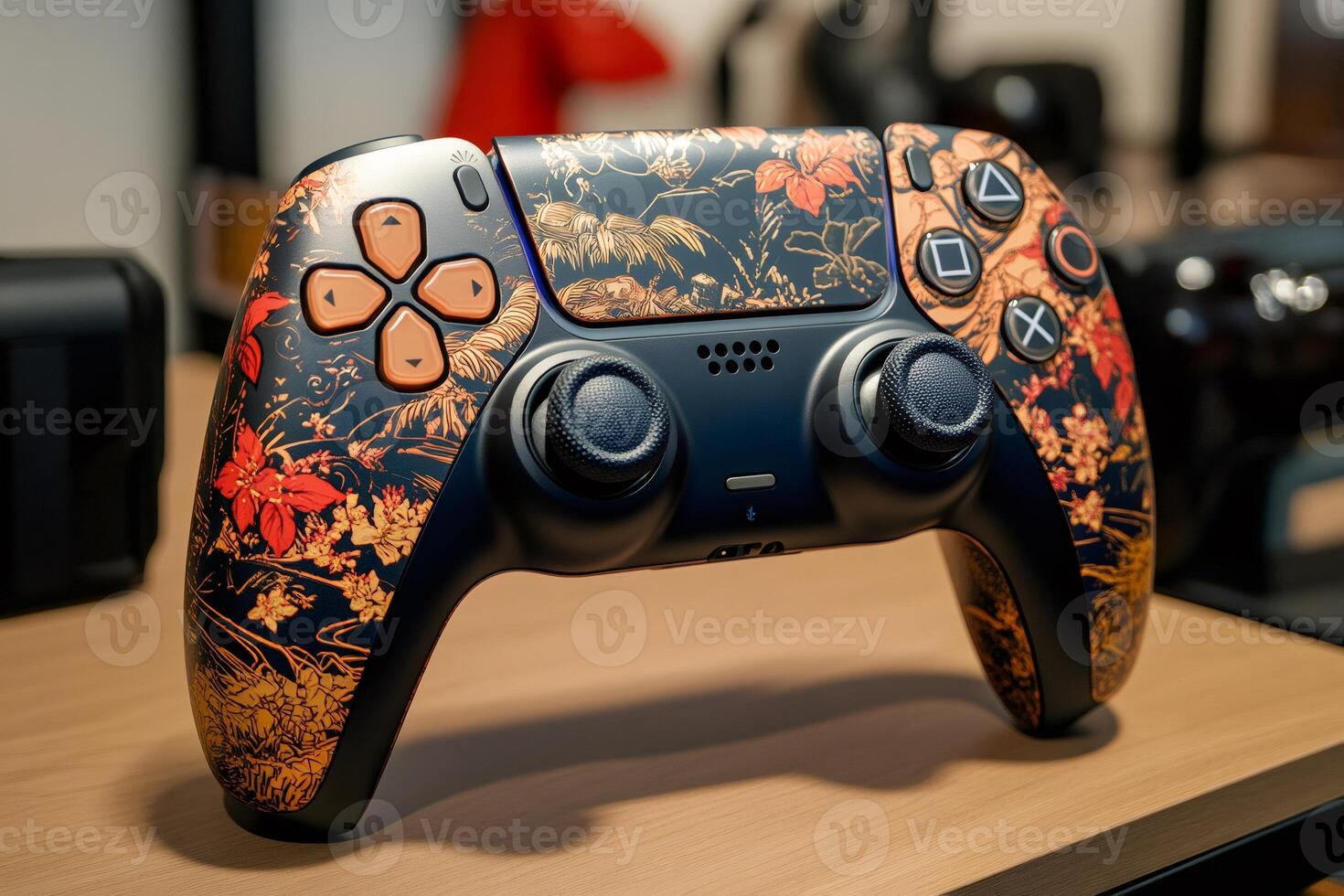 Customized wireless gamepad controller resting on desk photo