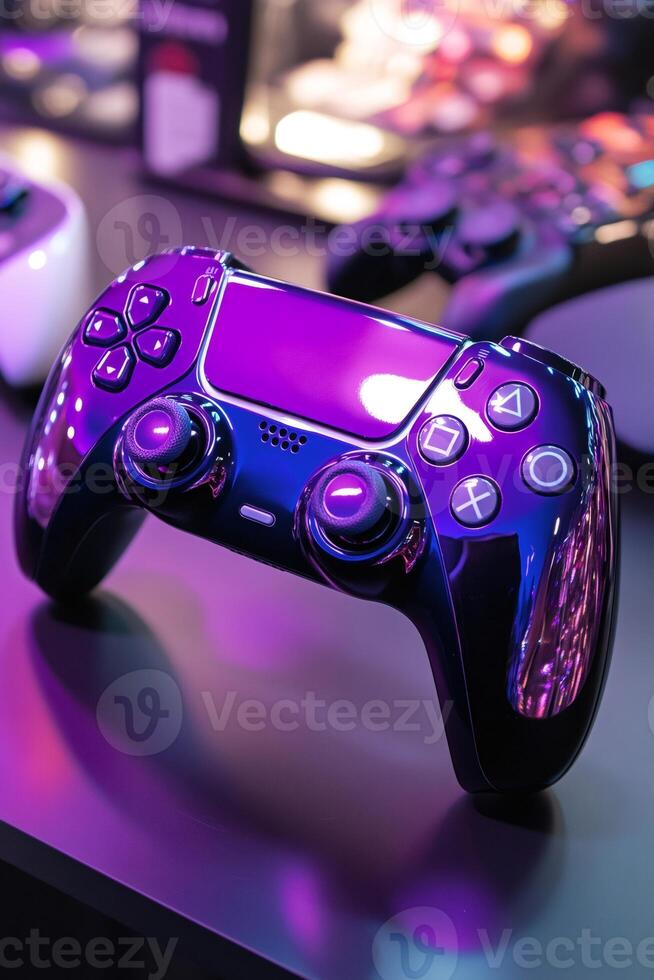 Modern purple and blue gamepad resting on table reflecting neon lights photo