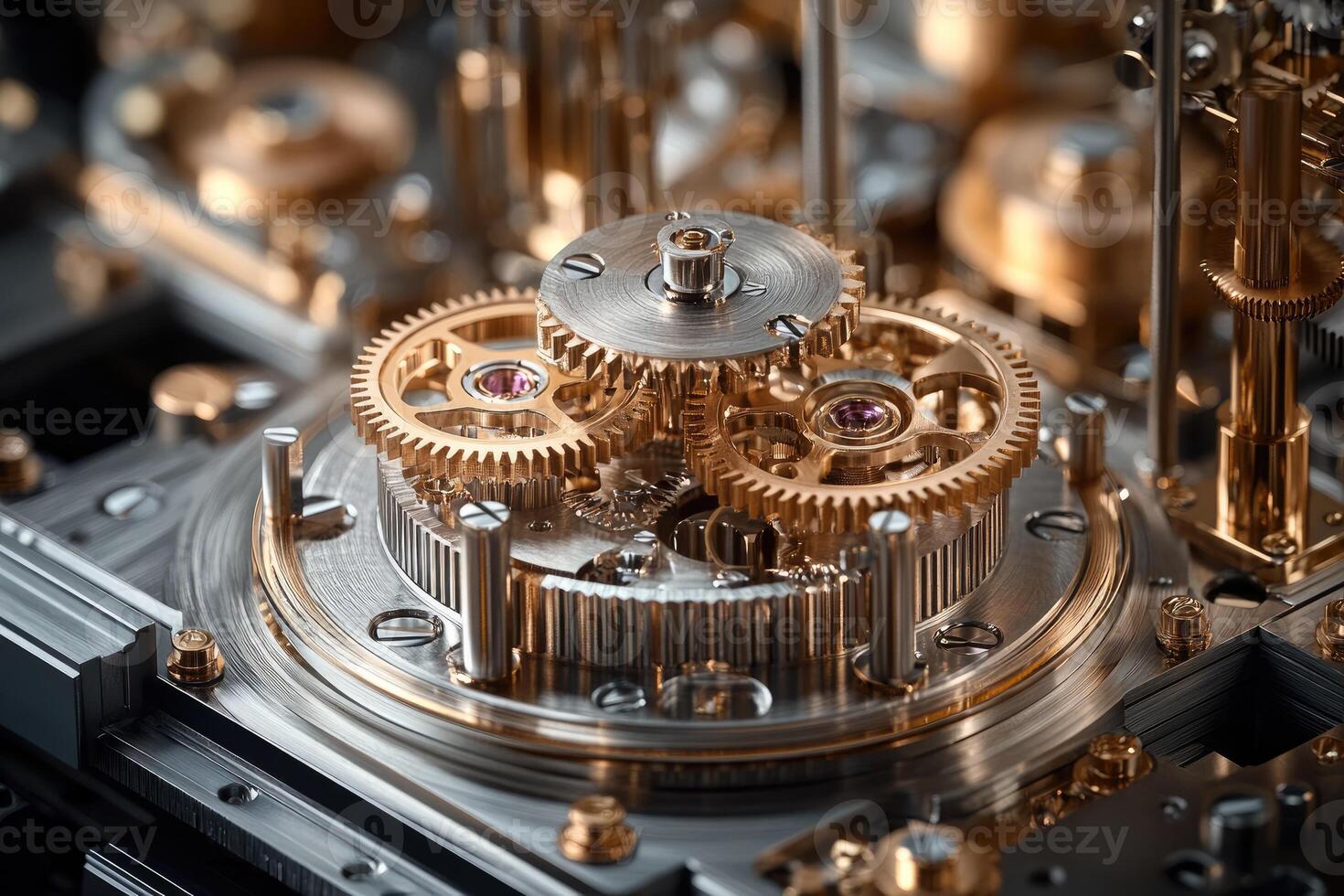 Complex clockwork mechanism with gears rotating smoothly photo