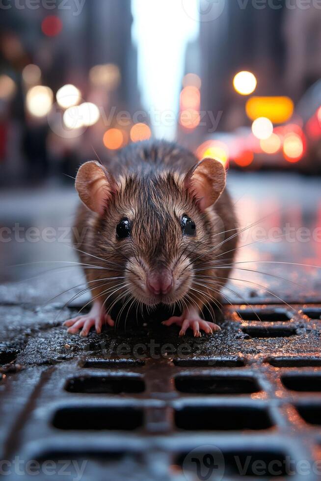 Wet brown rat emerging from a sewer grate in a city street photo