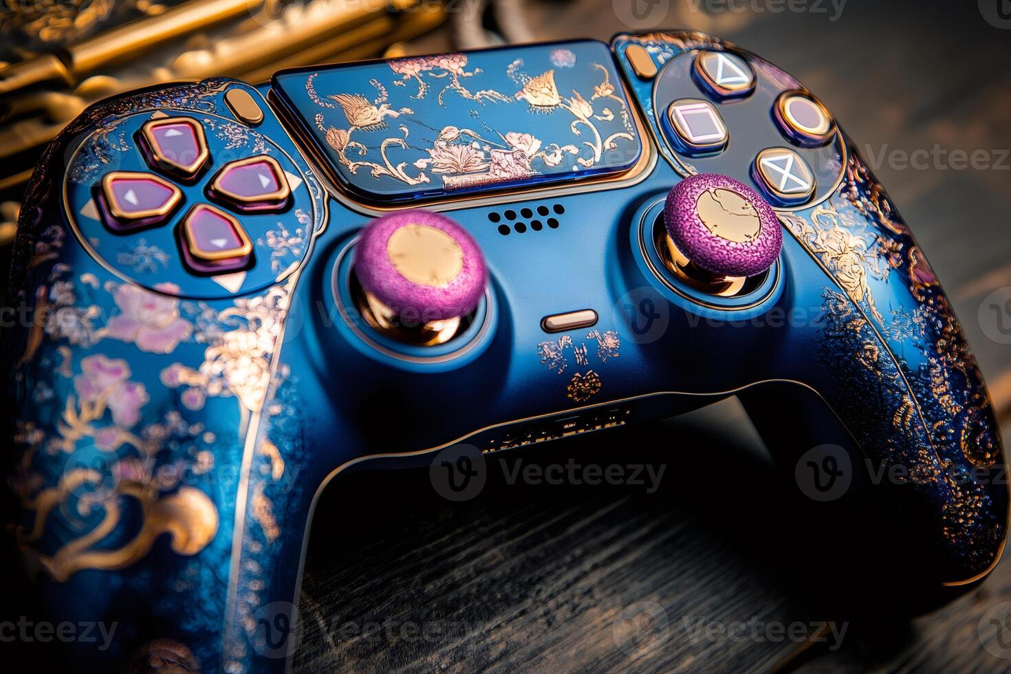 Customized luxurious next gen gamepad controller resting on wooden surface photo