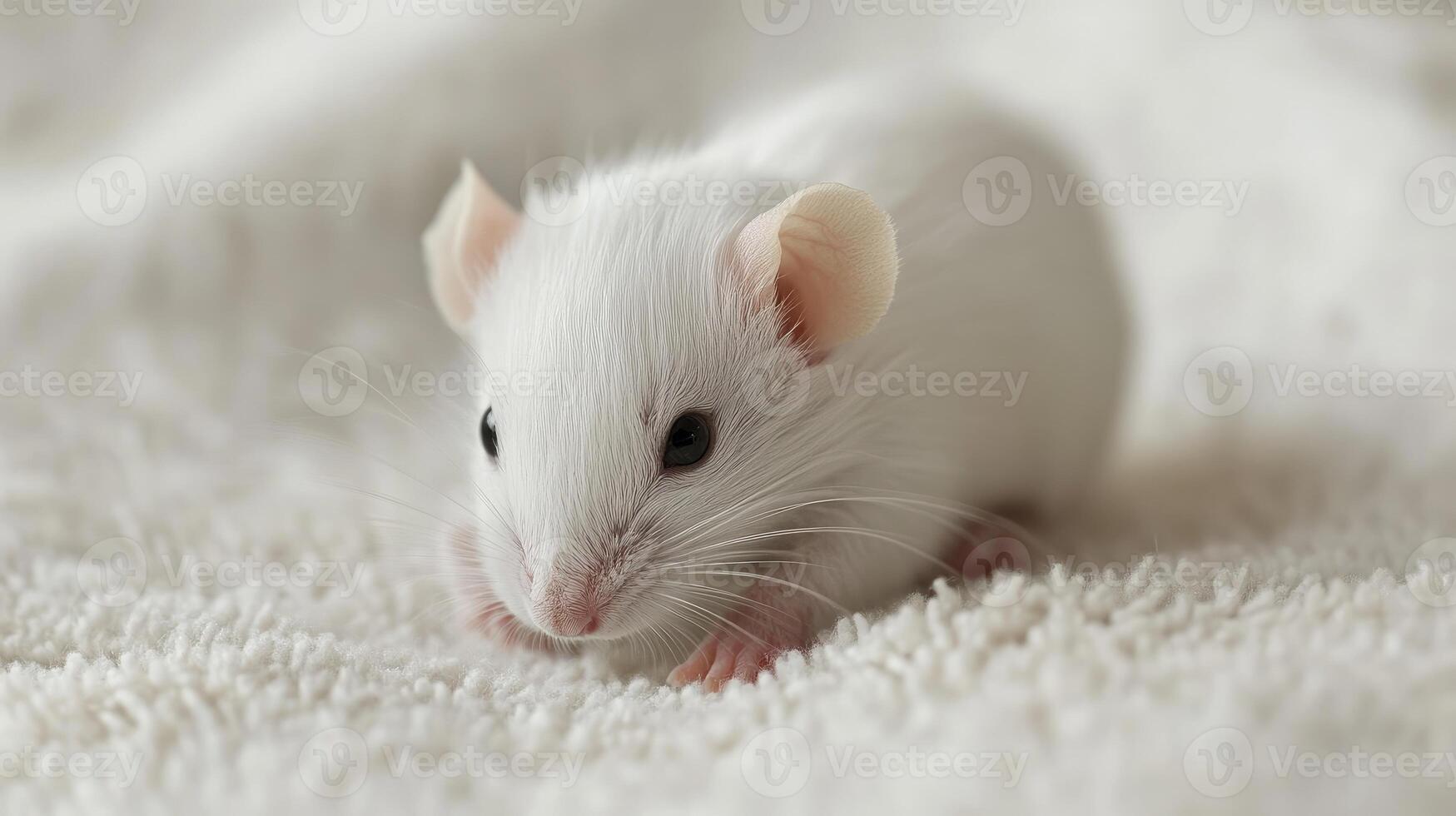 Adorable white baby rat relaxing on soft blanket photo