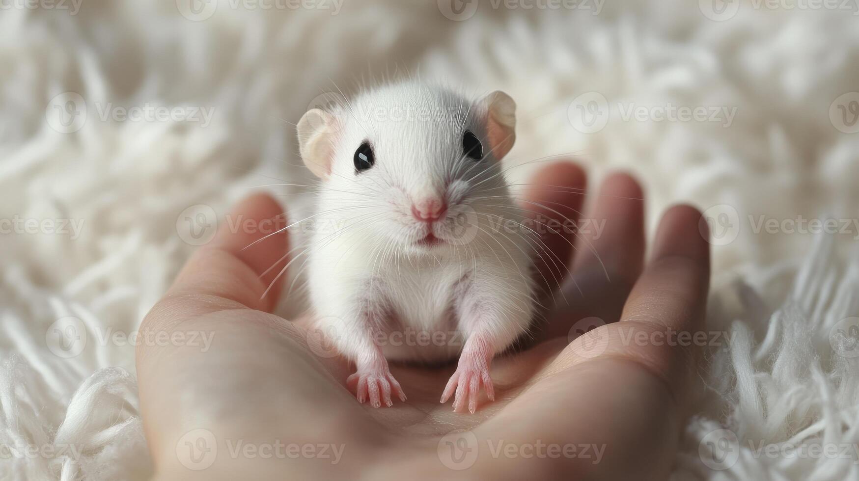 Adorable white baby rat relaxing on person's hand, soft white fur and gentle touch photo