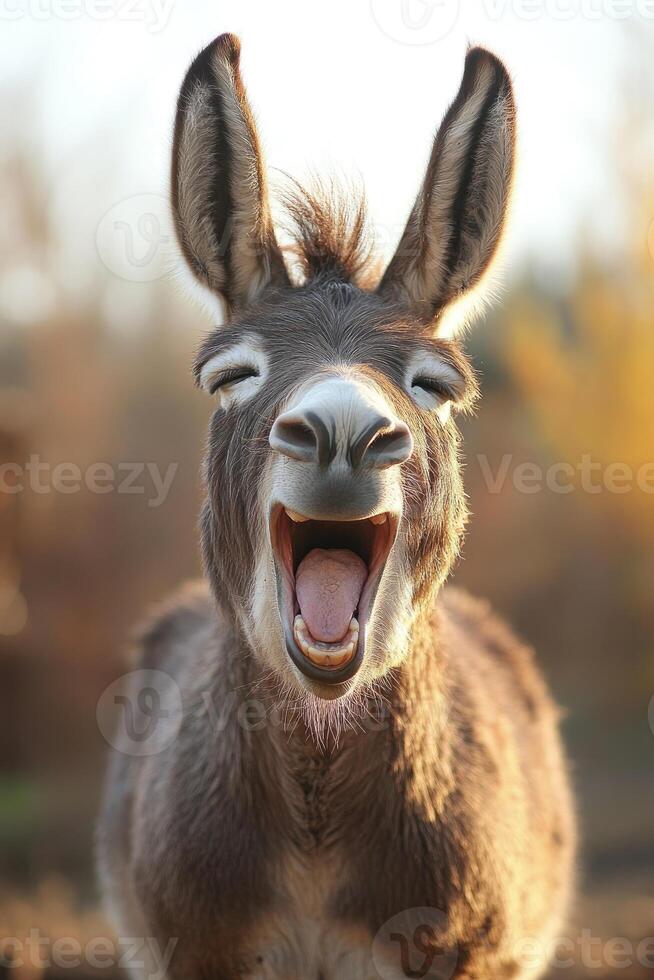 Donkey smiling showing tongue and teeth with big ears photo