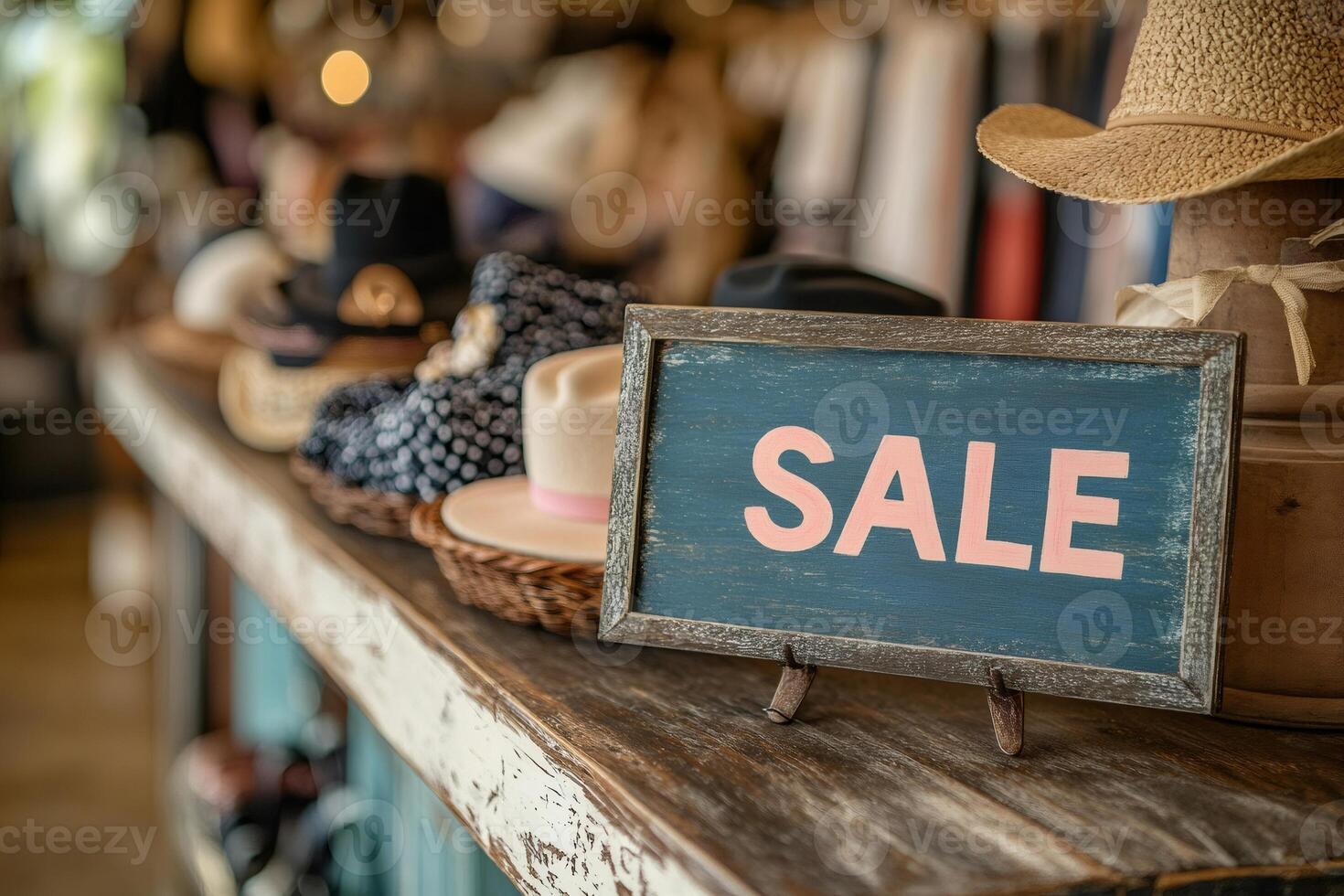 Sale sign displayed on rustic wooden counter in a clothing store photo