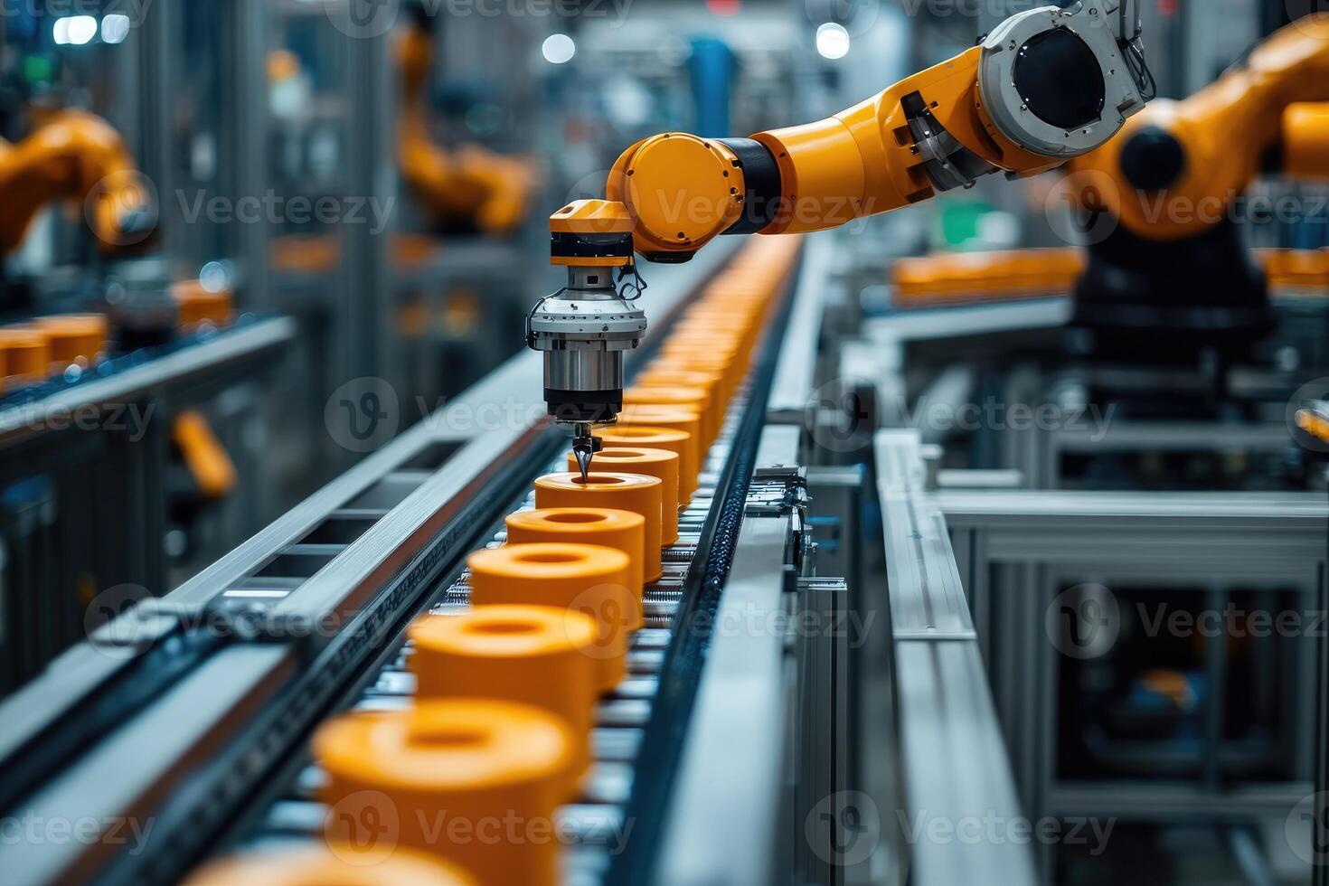 Robotic arm working on conveyor belt in factory photo