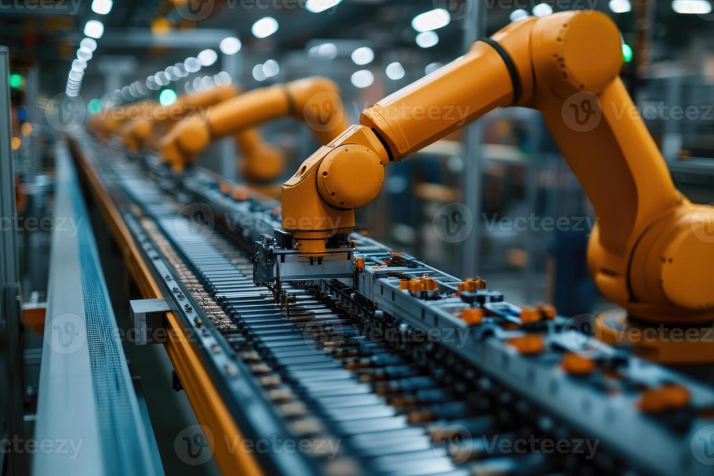 Robotic arms working on assembly line in modern factory.. photo