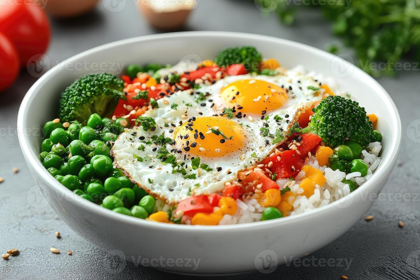 Delicious breakfast bowl with fried eggs and steamed vegetables enhancing healthy lifestyle photo