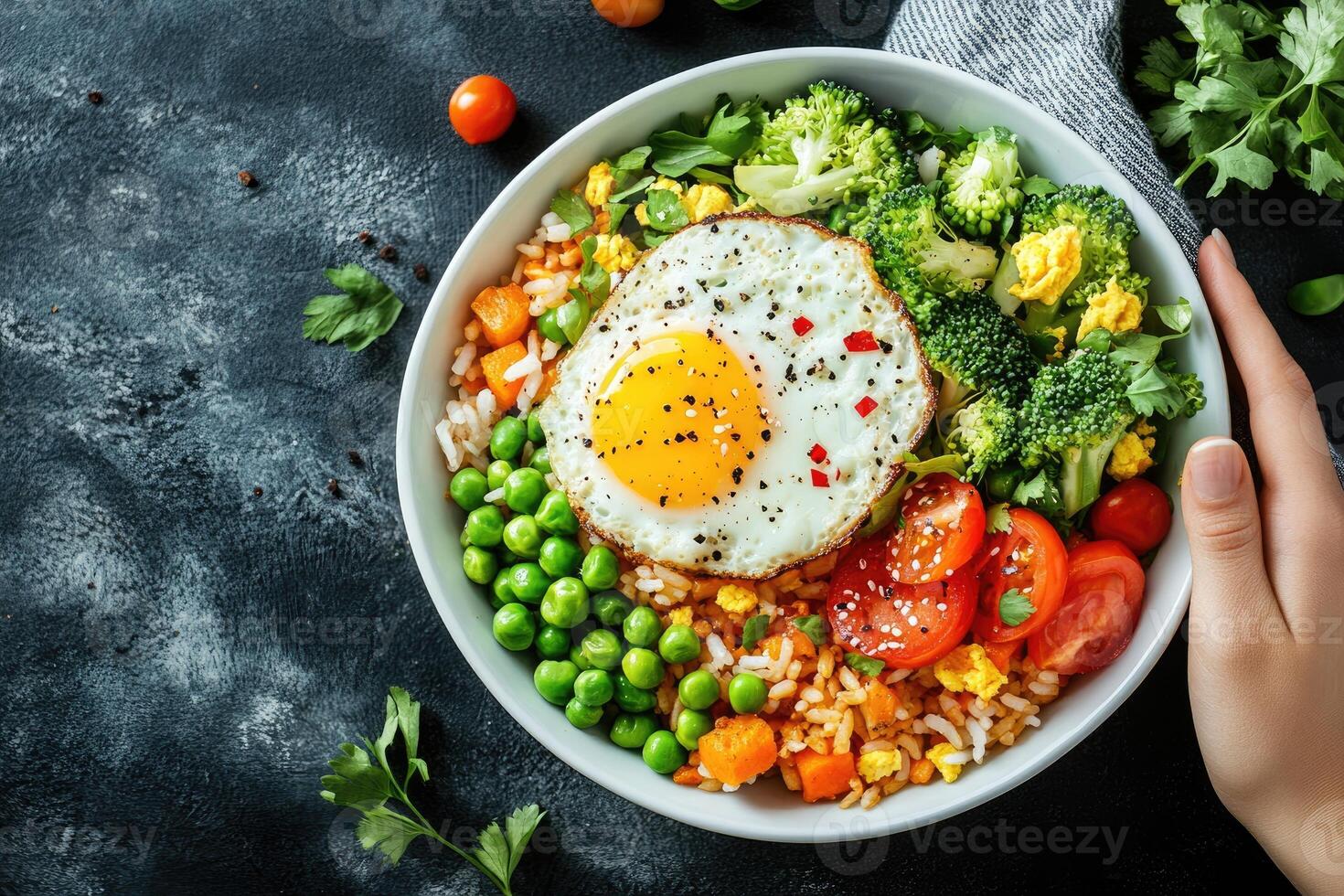 Buddha bowl with fried egg, rice and vegetables promoting healthy eating habits photo
