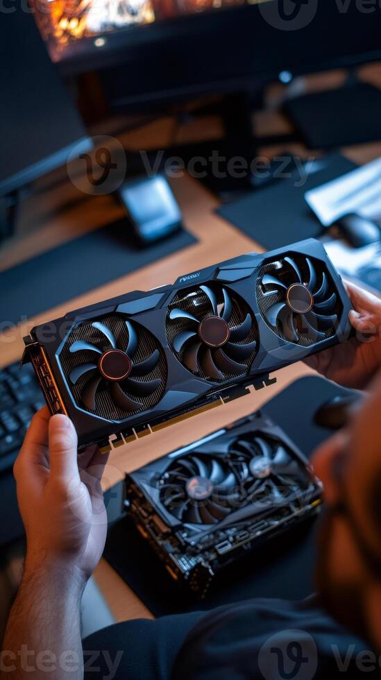 Technician holding new graphics card over old one at desk photo
