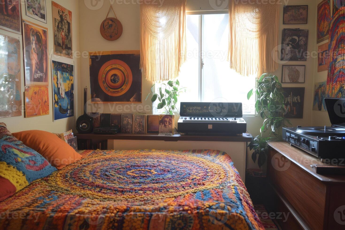 Bohemian style bedroom decorated with posters and musical instruments showing a hippie lifestyle photo