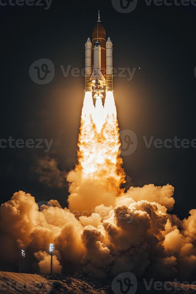 Space shuttle launching into space at night with smoke and fire . photo