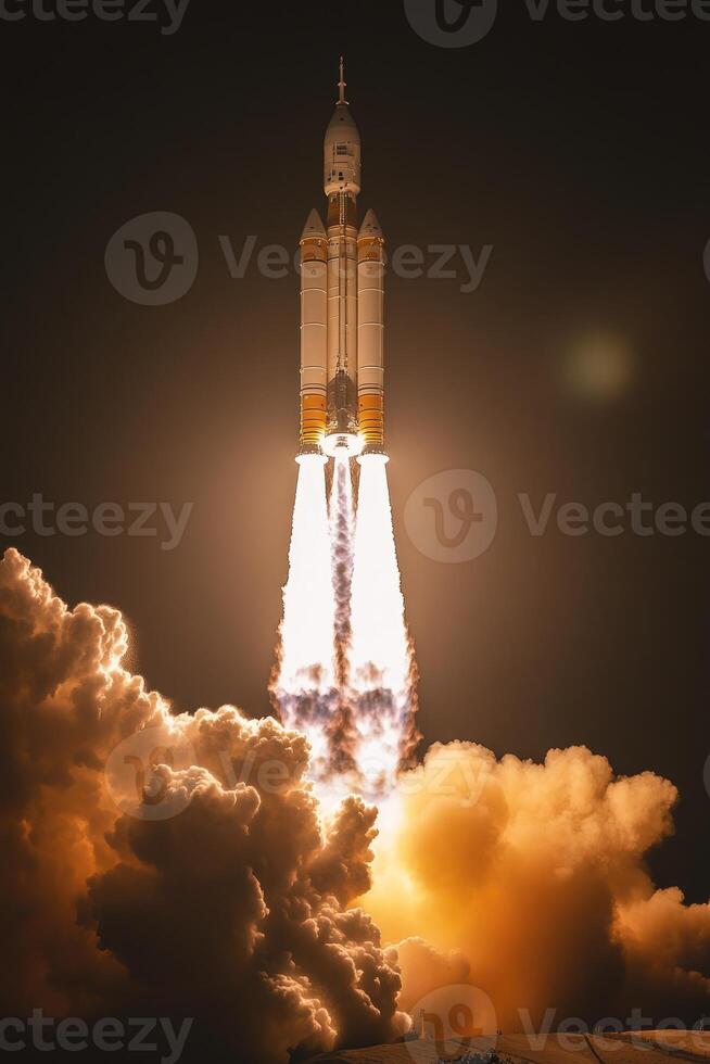 Space shuttle launching into space at night with smoke and fire. photo