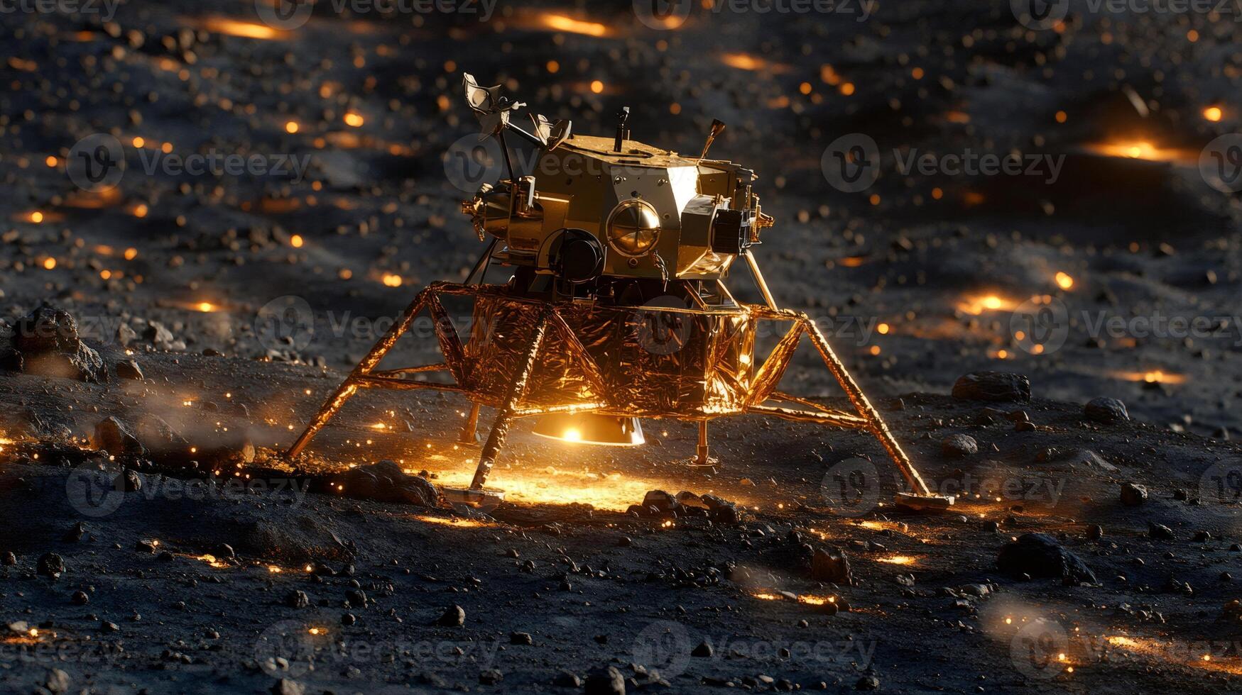 Lunar module landing on the moon surface at night with artificial lights photo