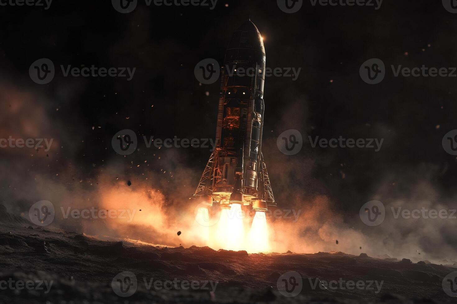 Spaceship taking off from rocky planet surface with fire and smoke photo