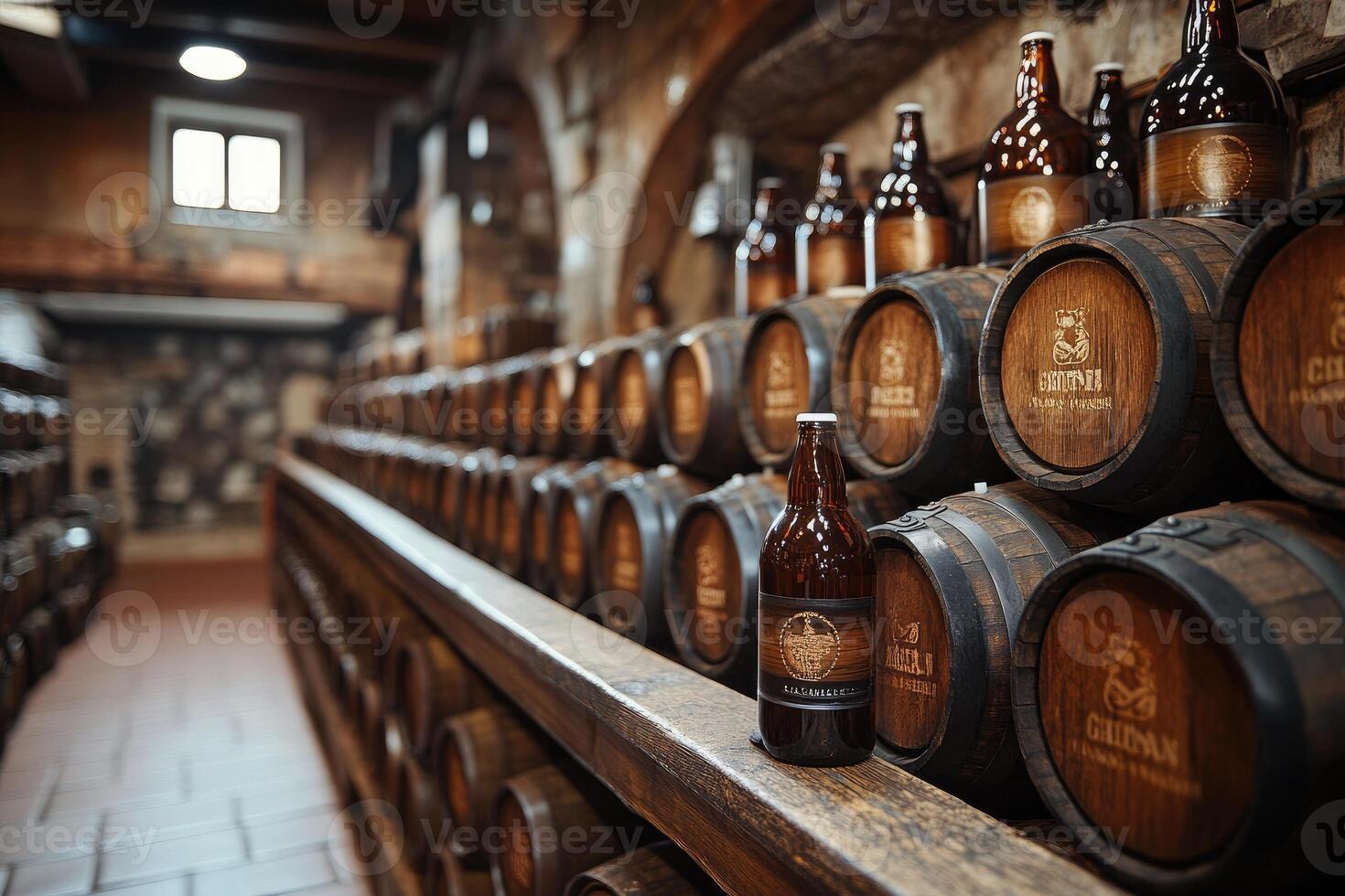 Bottles and barrels resting in winery cellar aging wine photo