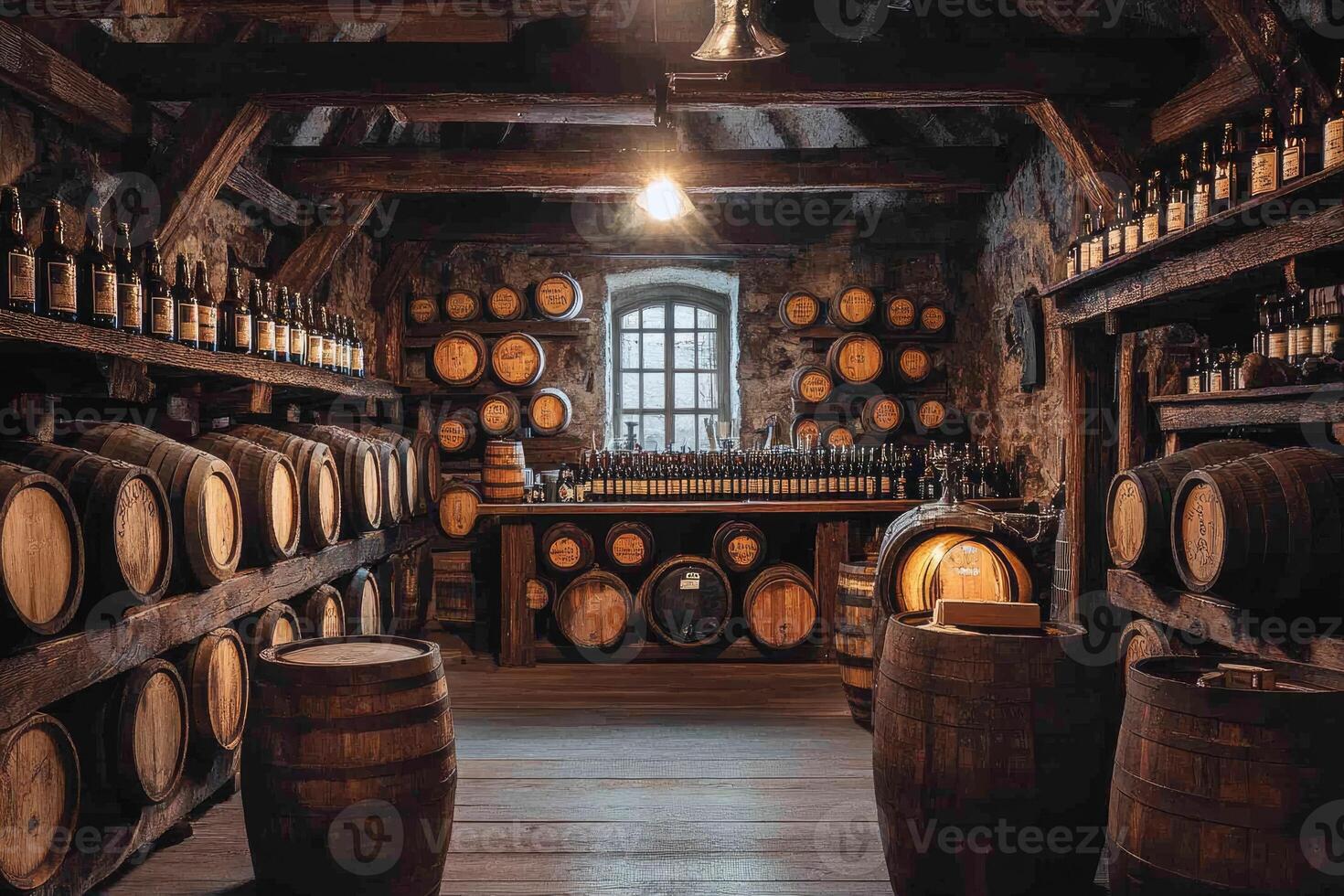 Wine cellar with wooden barrels and shelves full of bottles aging, creating an atmosphere of tradition photo